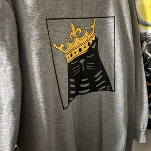 Gray Sweatshirt with Cat and Gold Crown Design